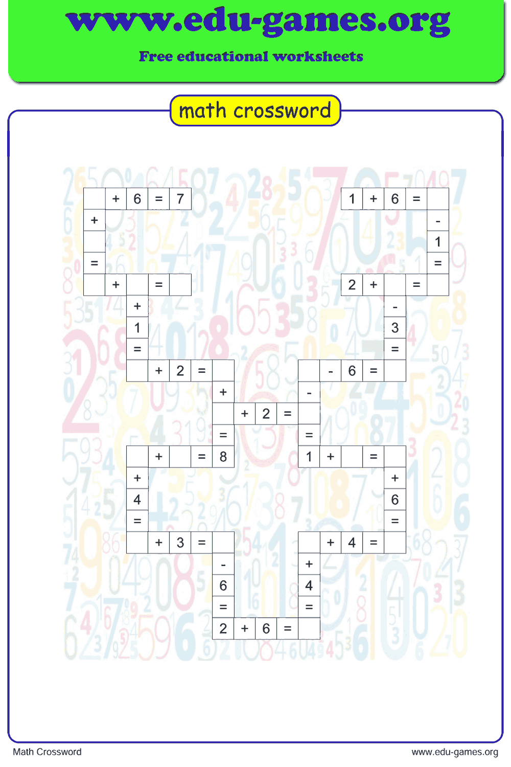 Arithmetic Crossword Puzzle Maker for Grade 1, 2 and 3 - Free Printable