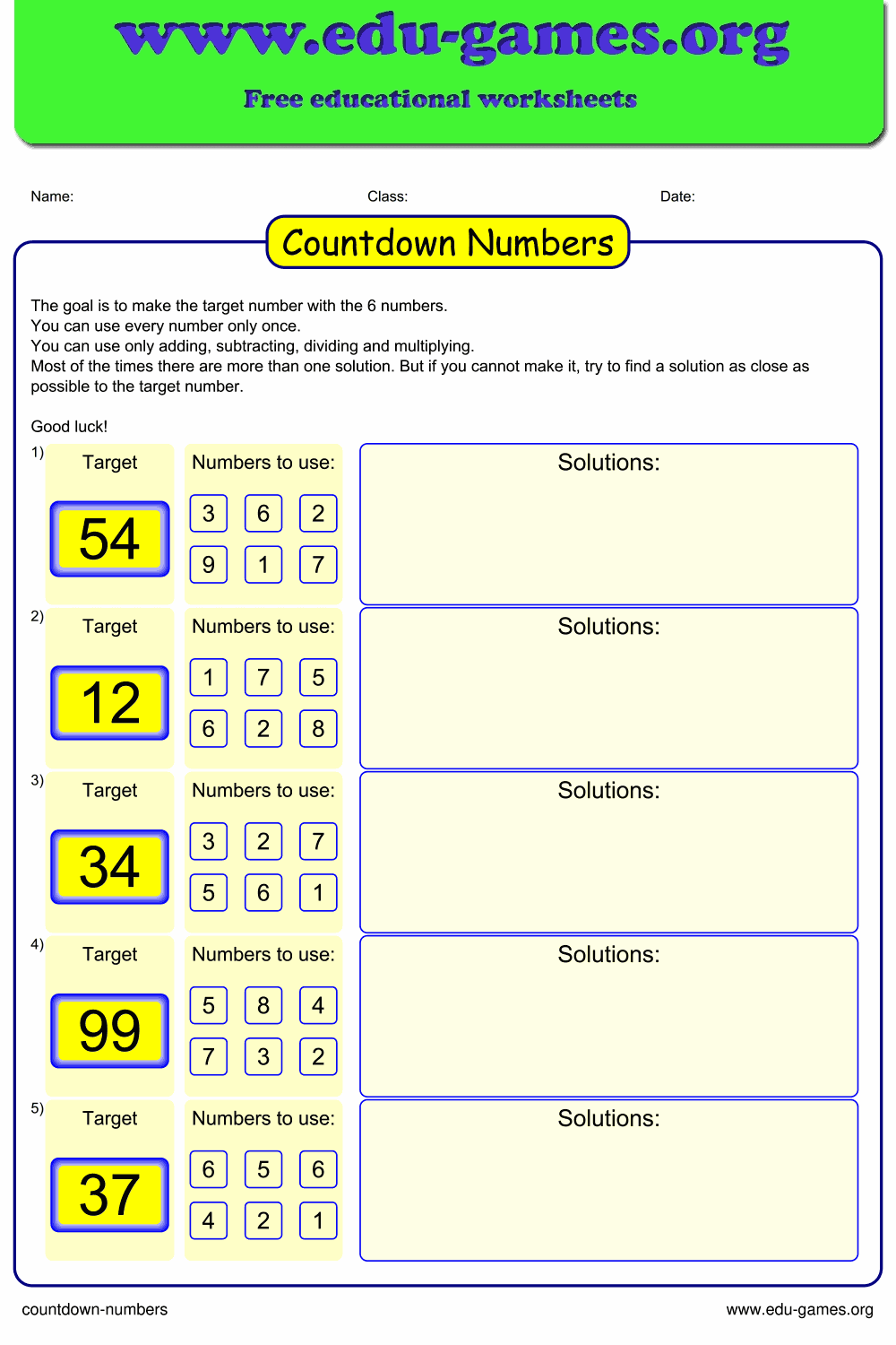 Countdown numbers worksheet | Free printable math game worksheets