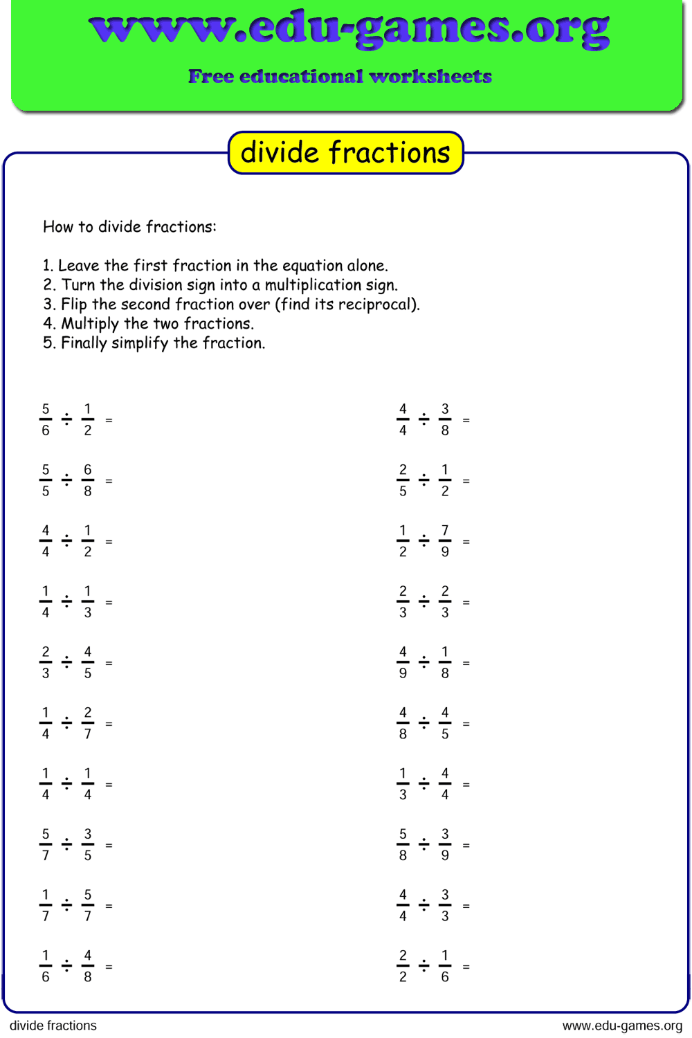 Free Dividing Fraction worksheet  printable pdf worksheets For Dividing Fractions Worksheet Pdf