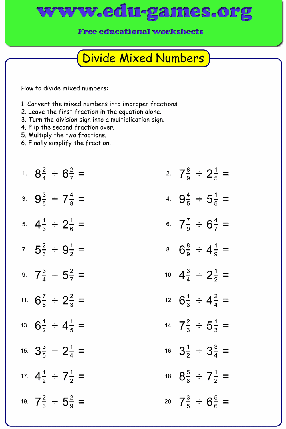 Multiplying Mixed Numbers Worksheet