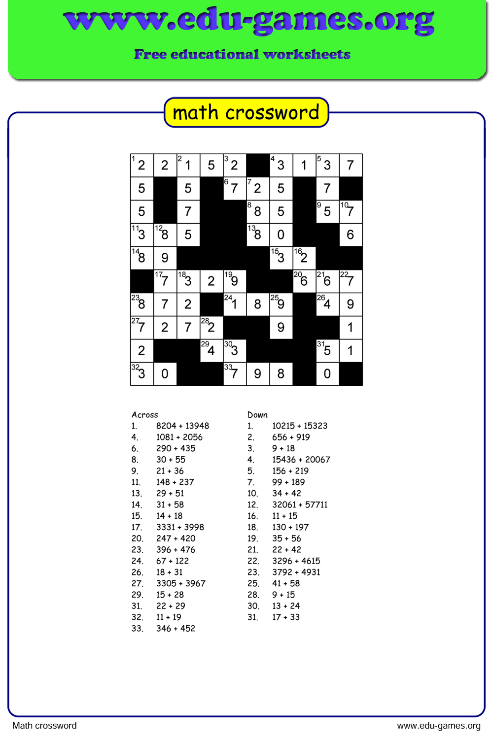 Math Crossword Puzzle Maker - Free Printable Worksheets