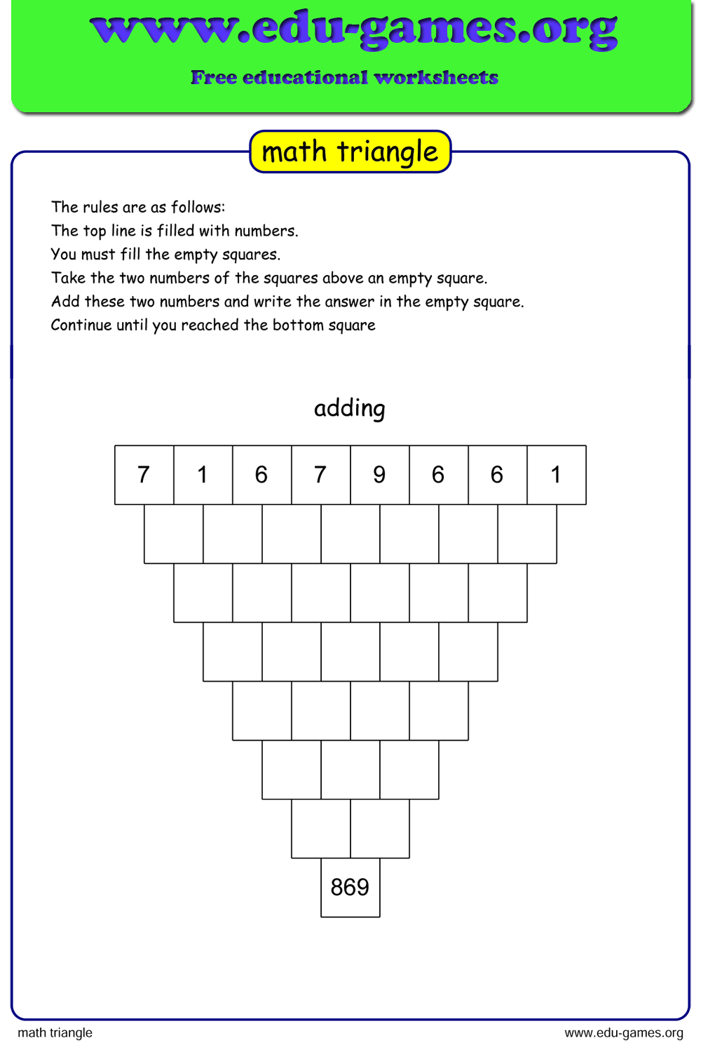 math triangle puzzle worksheet maker | edu-games.org