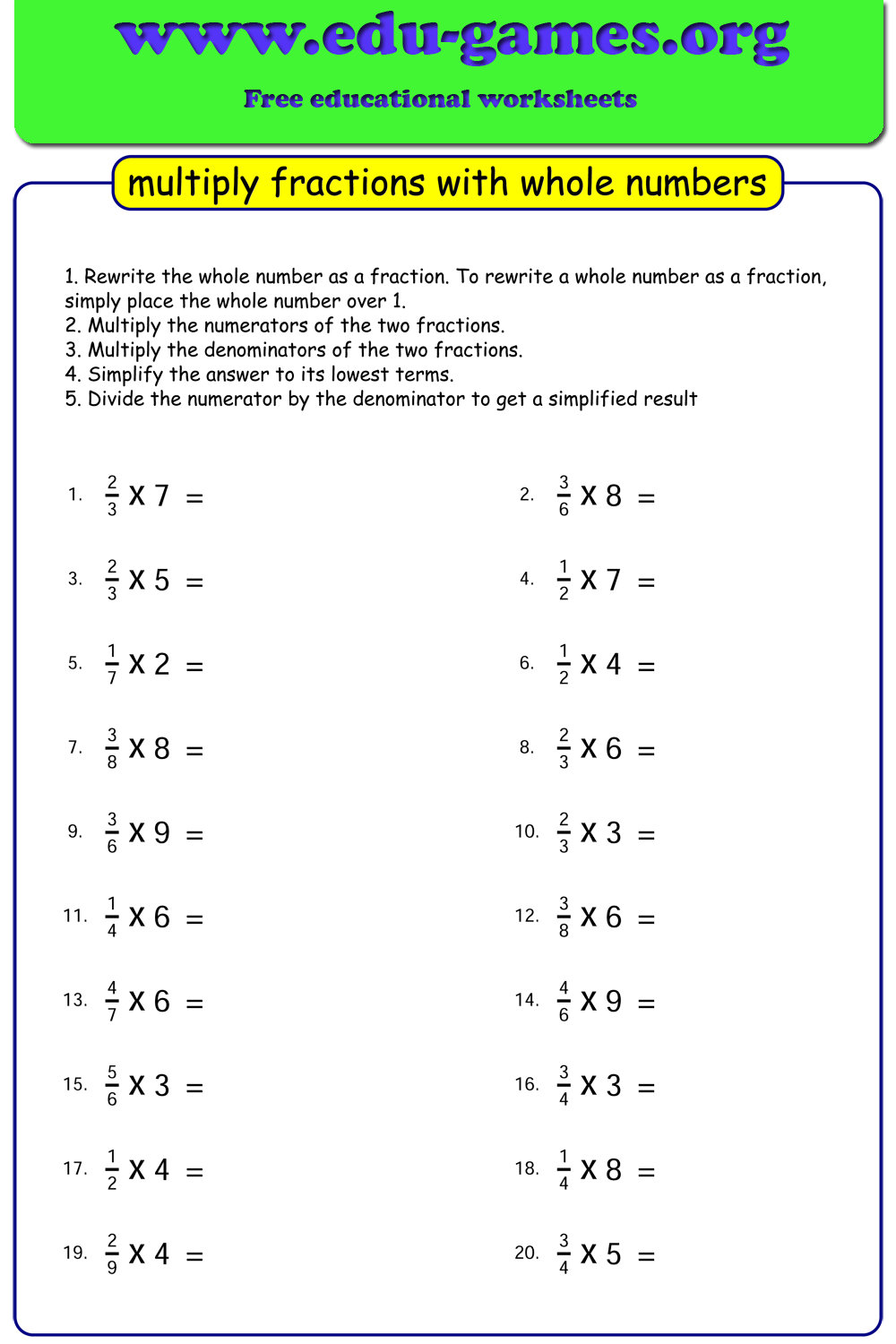 Multiplying Fractions By Whole Numbers Worksheet Printable Word Searches