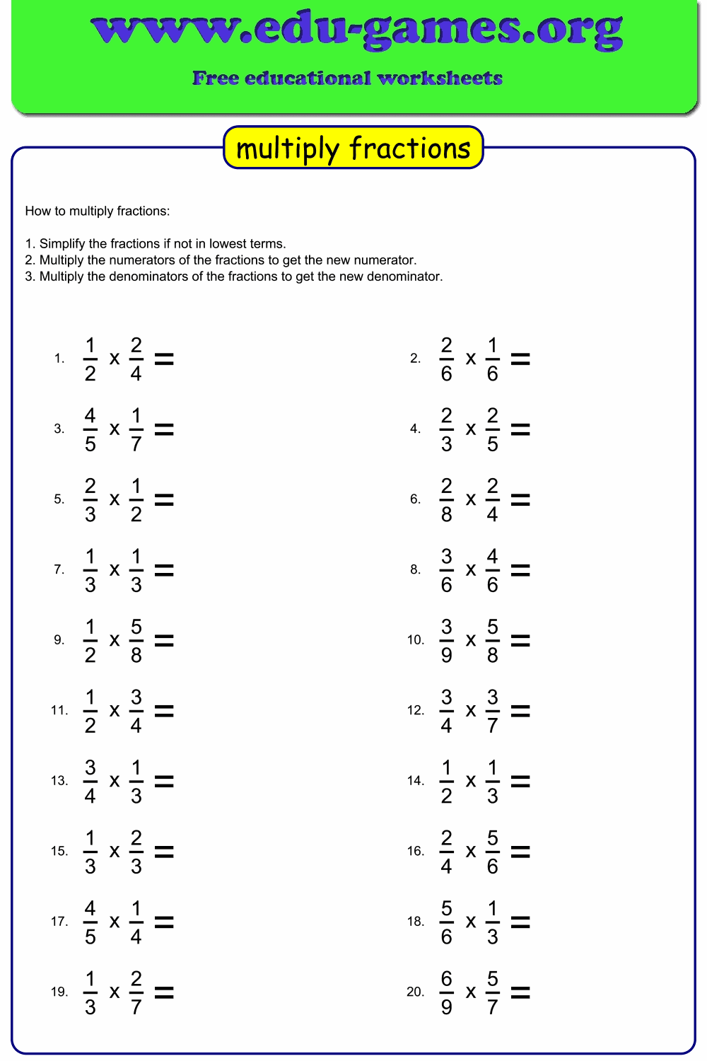 free multiplying fraction worksheets