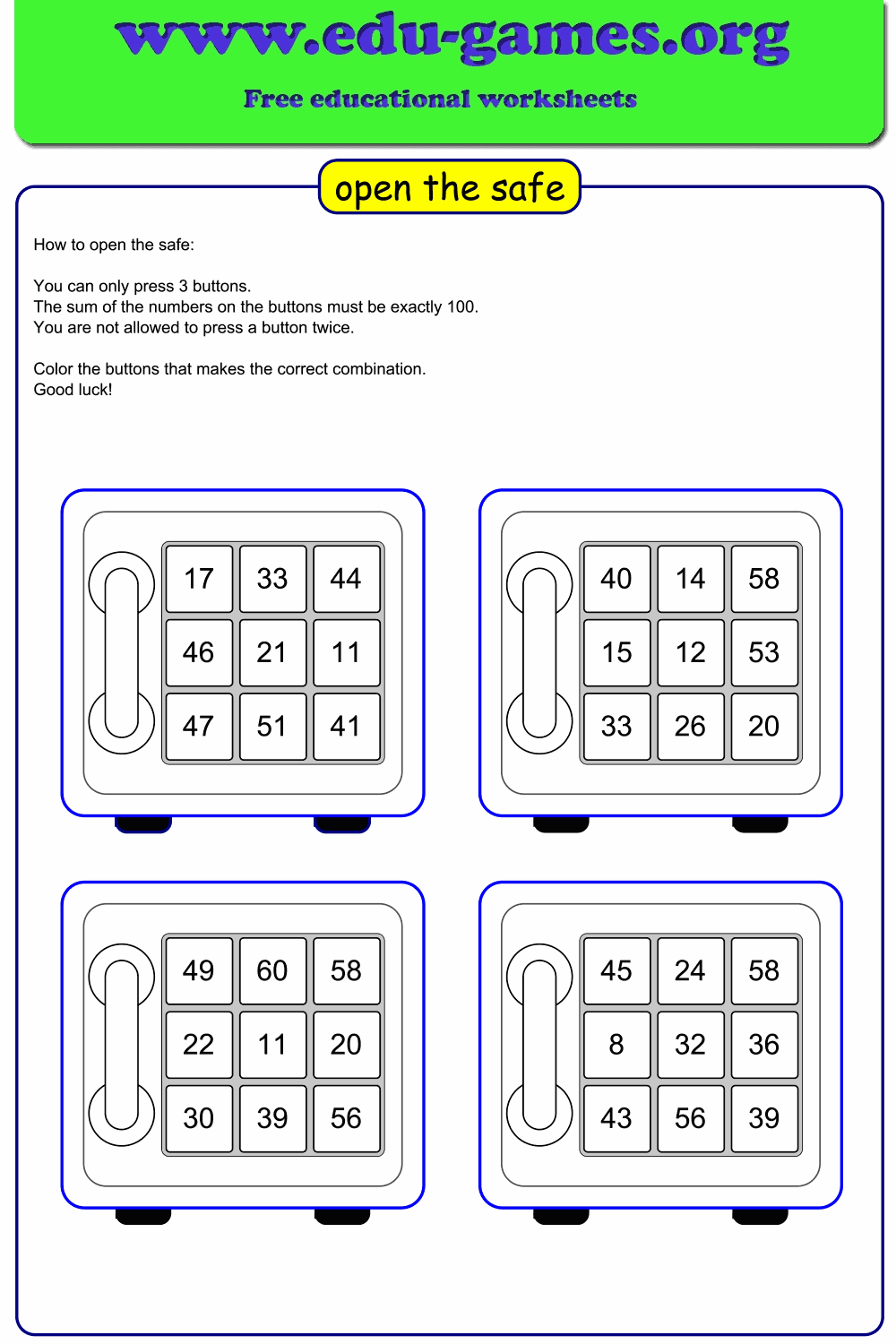 Open safe puzzle worksheet maker | edu-games.org