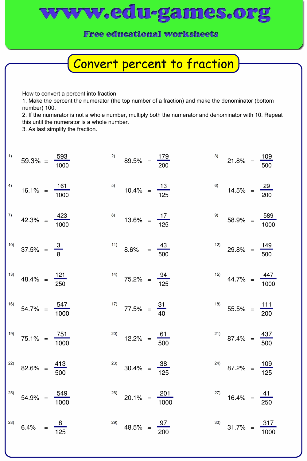 Convert percent to fraction worksheet maker | Free Printable Worksheets