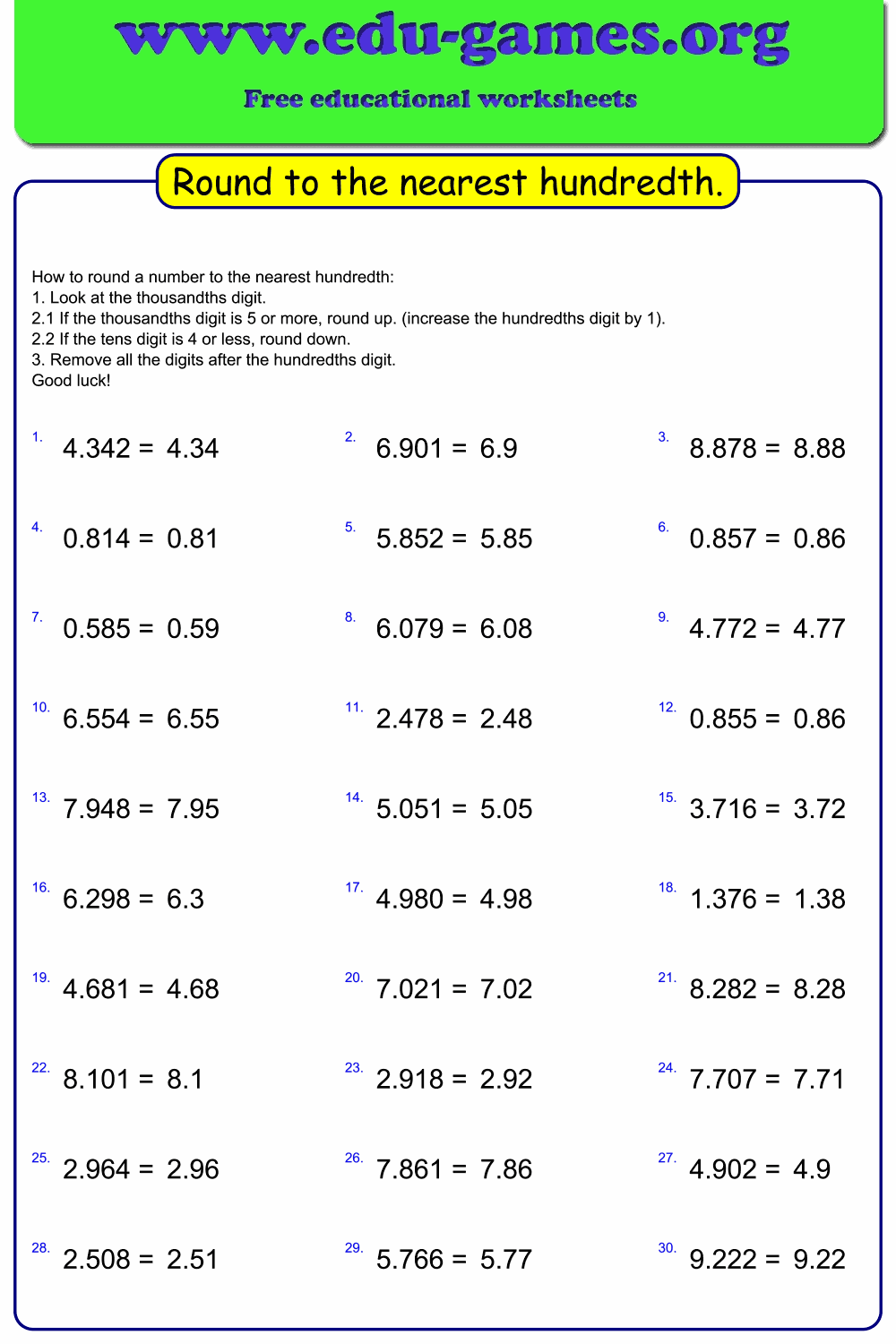 Rounding up or down decimals| Round to the tenth or hundredth Worksheets