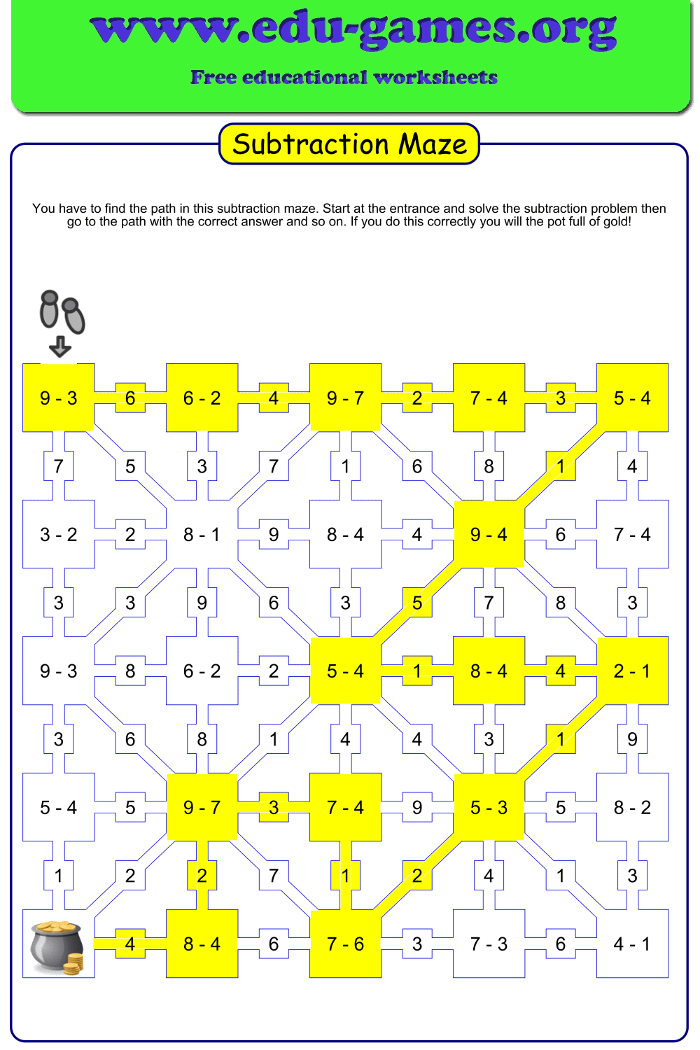 subtraction maze worksheet