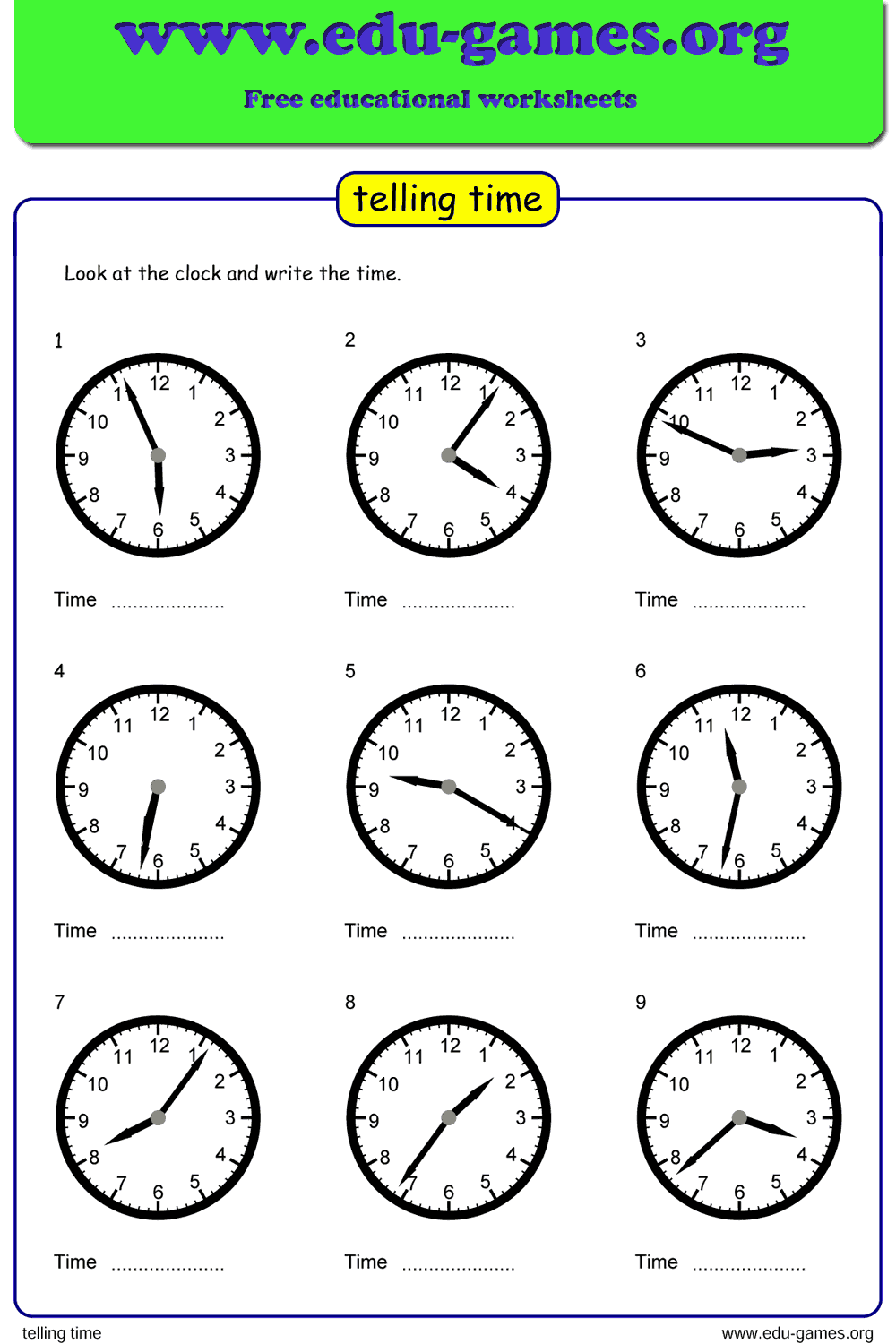 Telling time worksheet generator