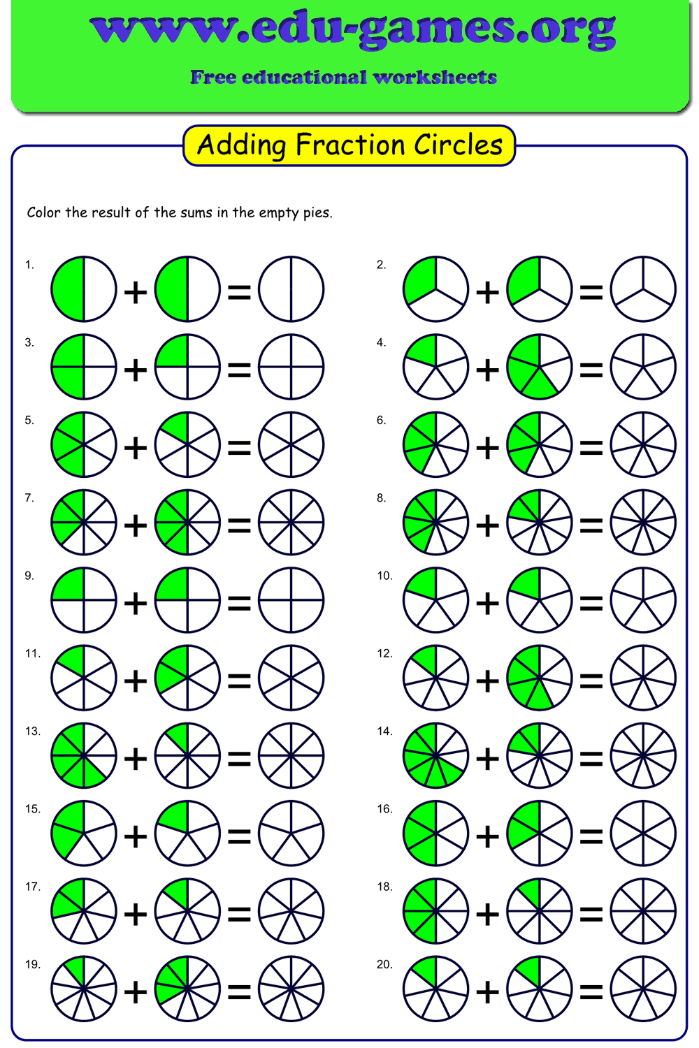 Adding Fractions with Fraction Circles Worksheets