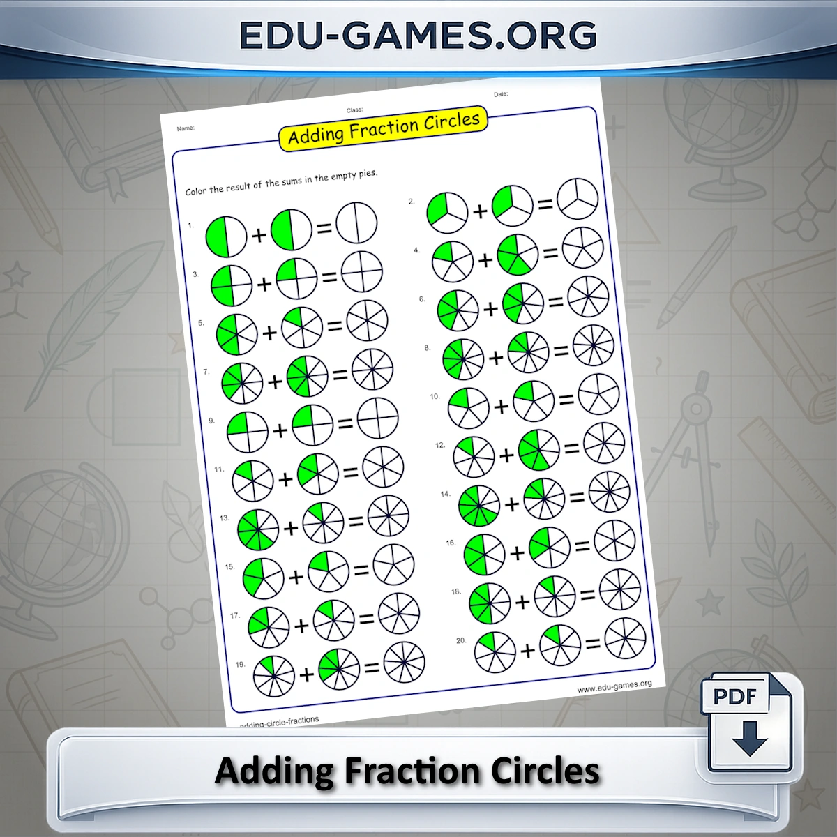 Free printable adding fractions with fraction circles worksheet
