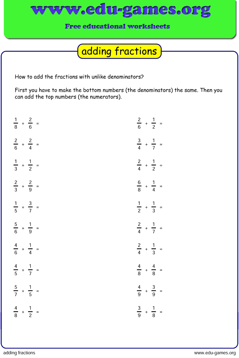 Adding Fractions Worksheet Generator — Free Printable PDF