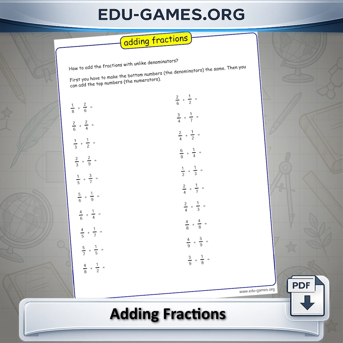 Free printable adding fractions worksheet generator