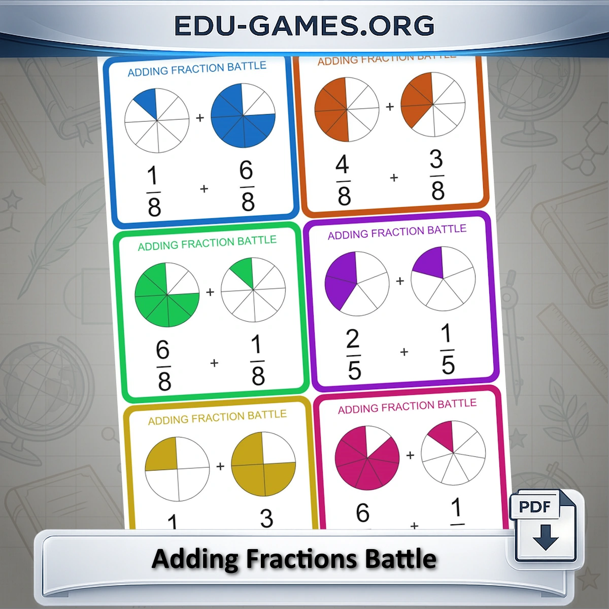 Printable adding fraction battle card game