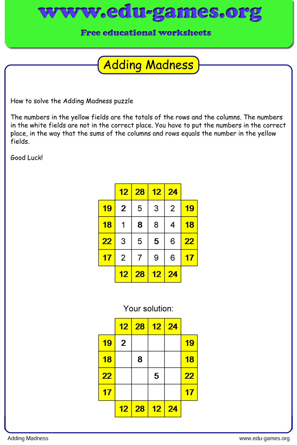Adding Madness: Free Addition Logic Puzzle Generator