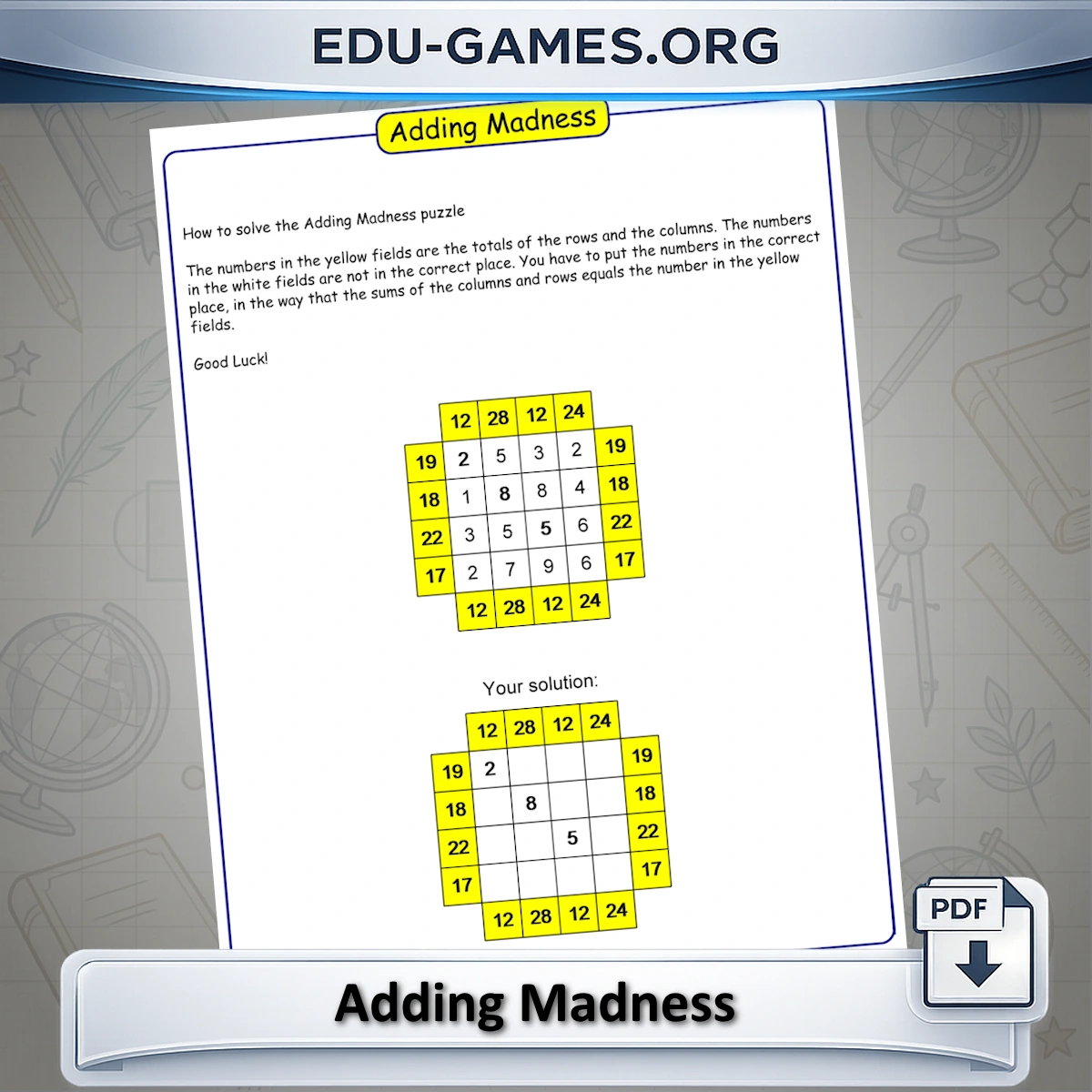 Free printable Adding Madness math worksheet — rearrange numbers so row and column totals are correct