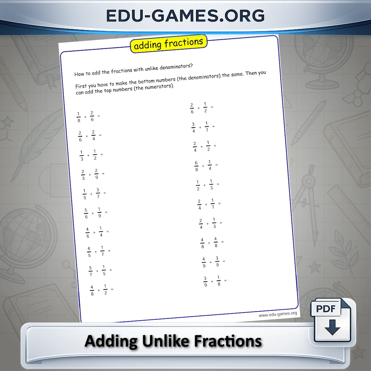 Free printable adding unlike fractions worksheet generator