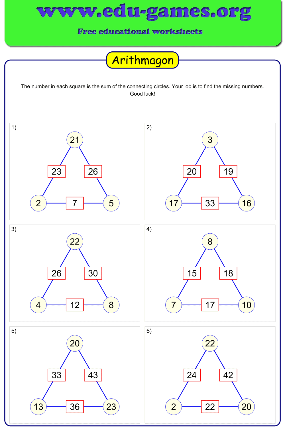 Free Arithmagon Generator (Addition) – Printable Worksheets for Grades 4–6