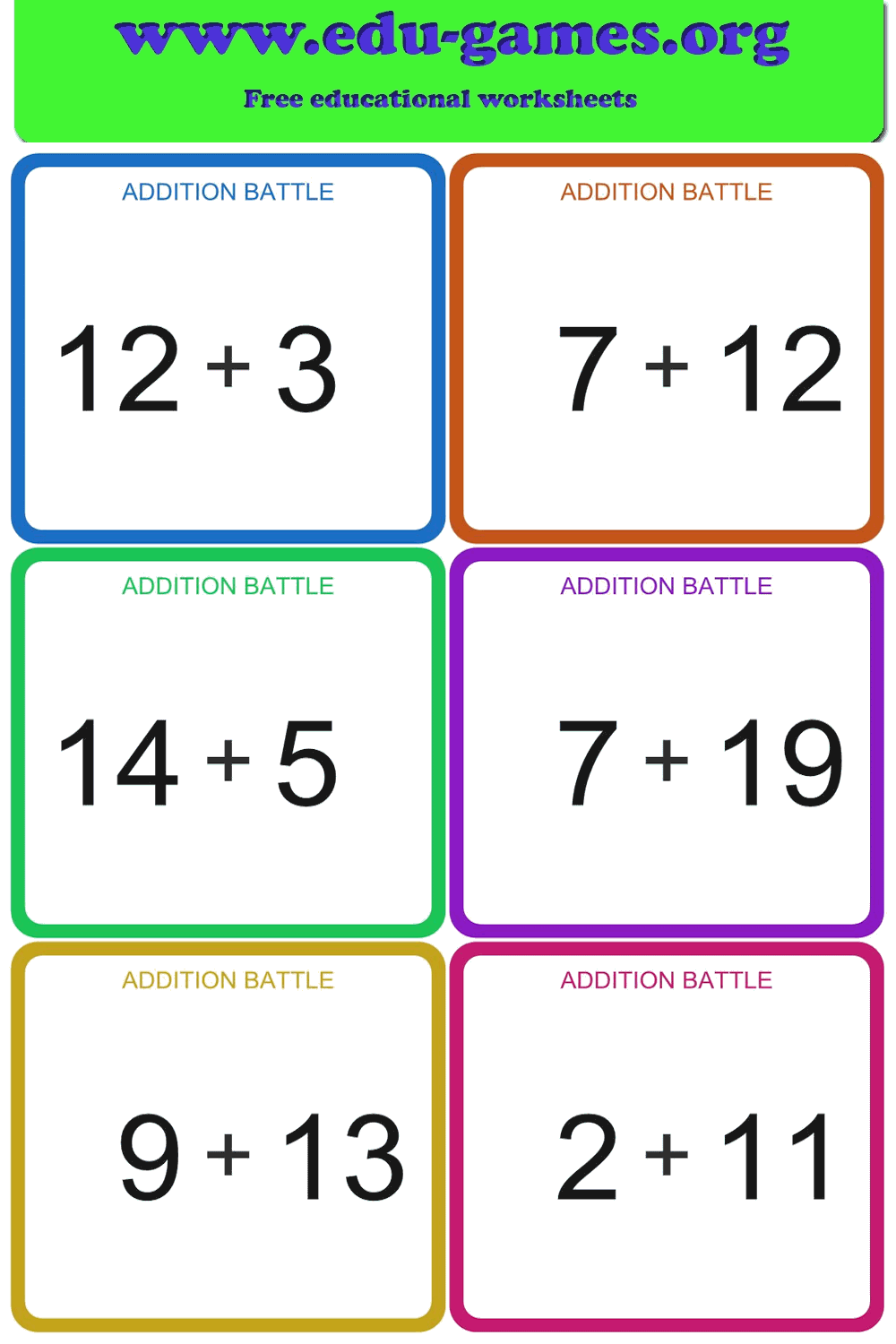 Addition Battle | Printable Addition Card Game