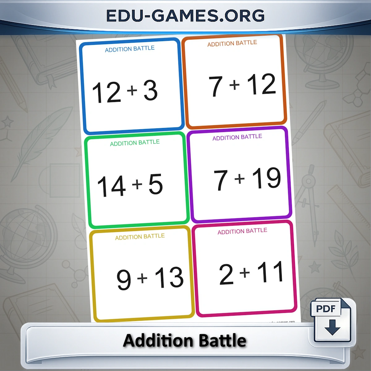 Printable addition battle card game