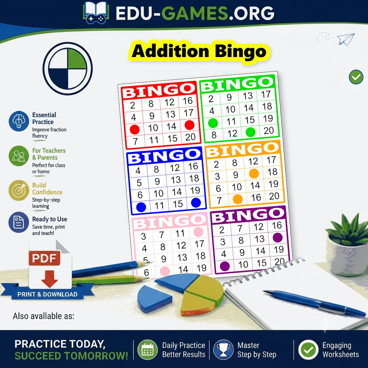 Free printable addition bingo card generator