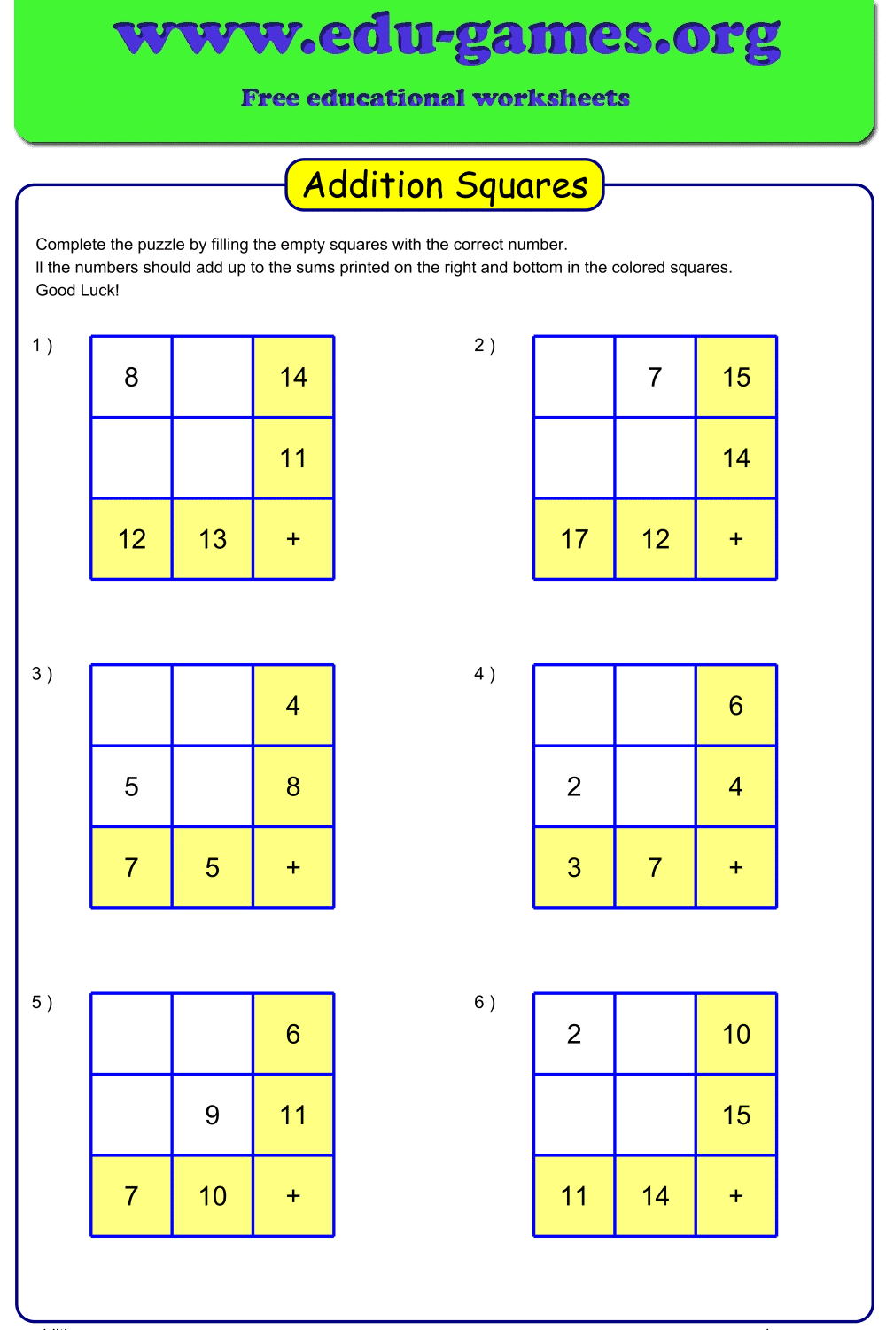 Free Addition Squares Worksheet Maker — Printable PDF Generator