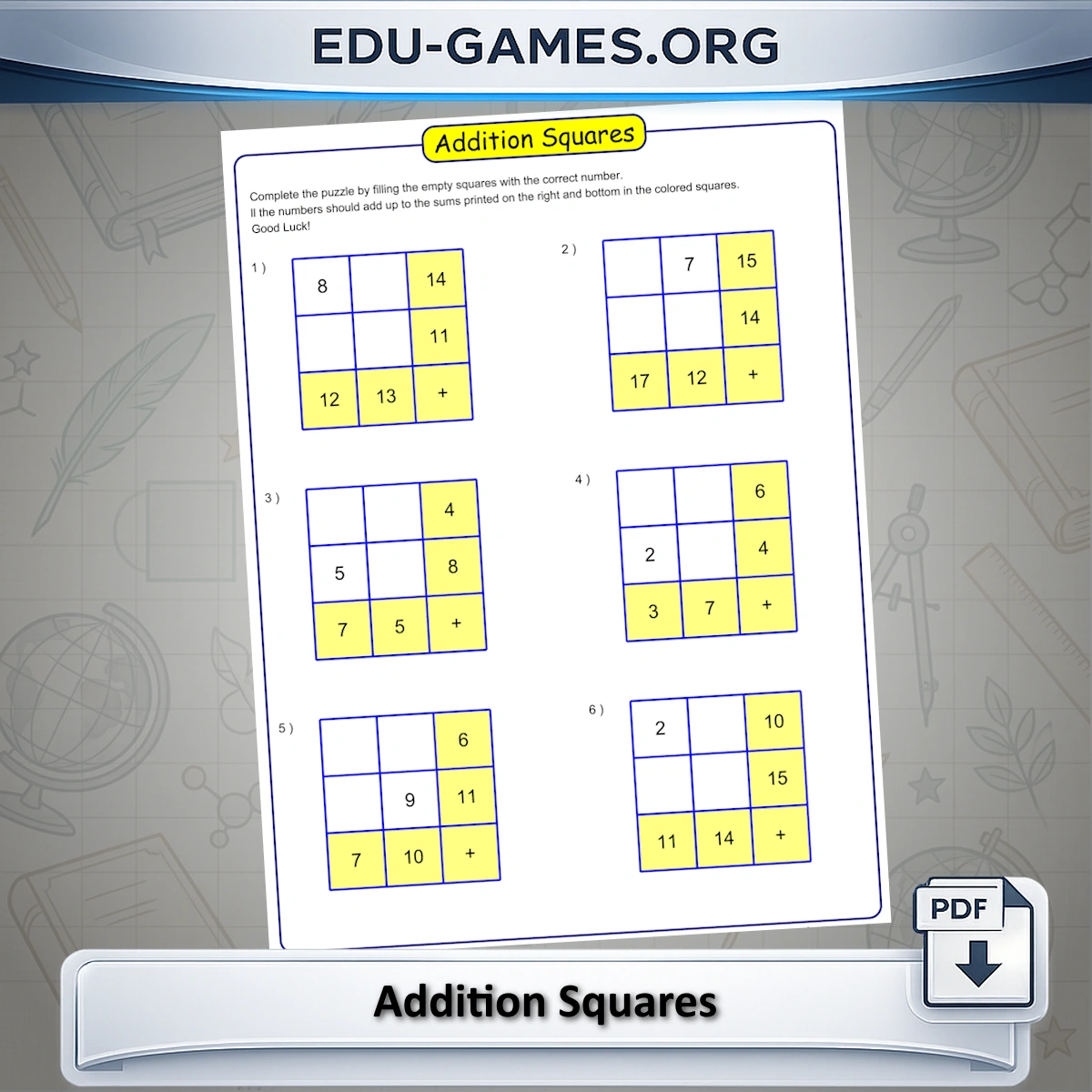 Free printable addition squares puzzle worksheet maker