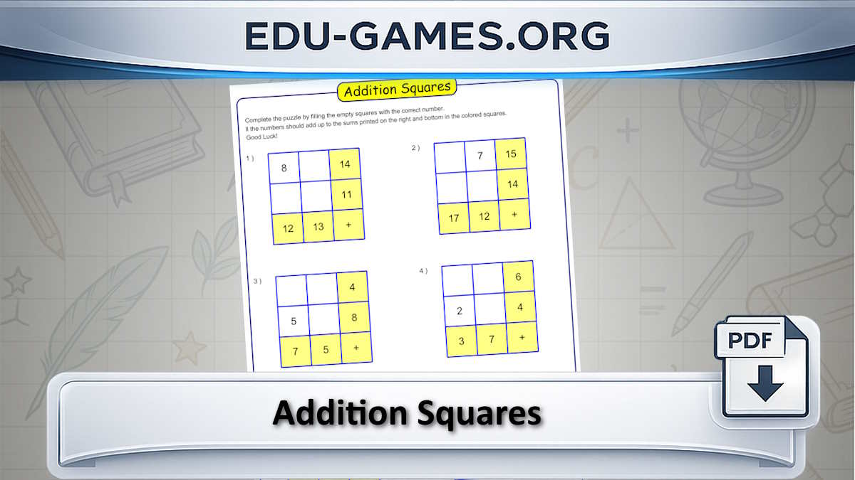 Free Addition Squares Worksheet Maker — Printable PDF Generator