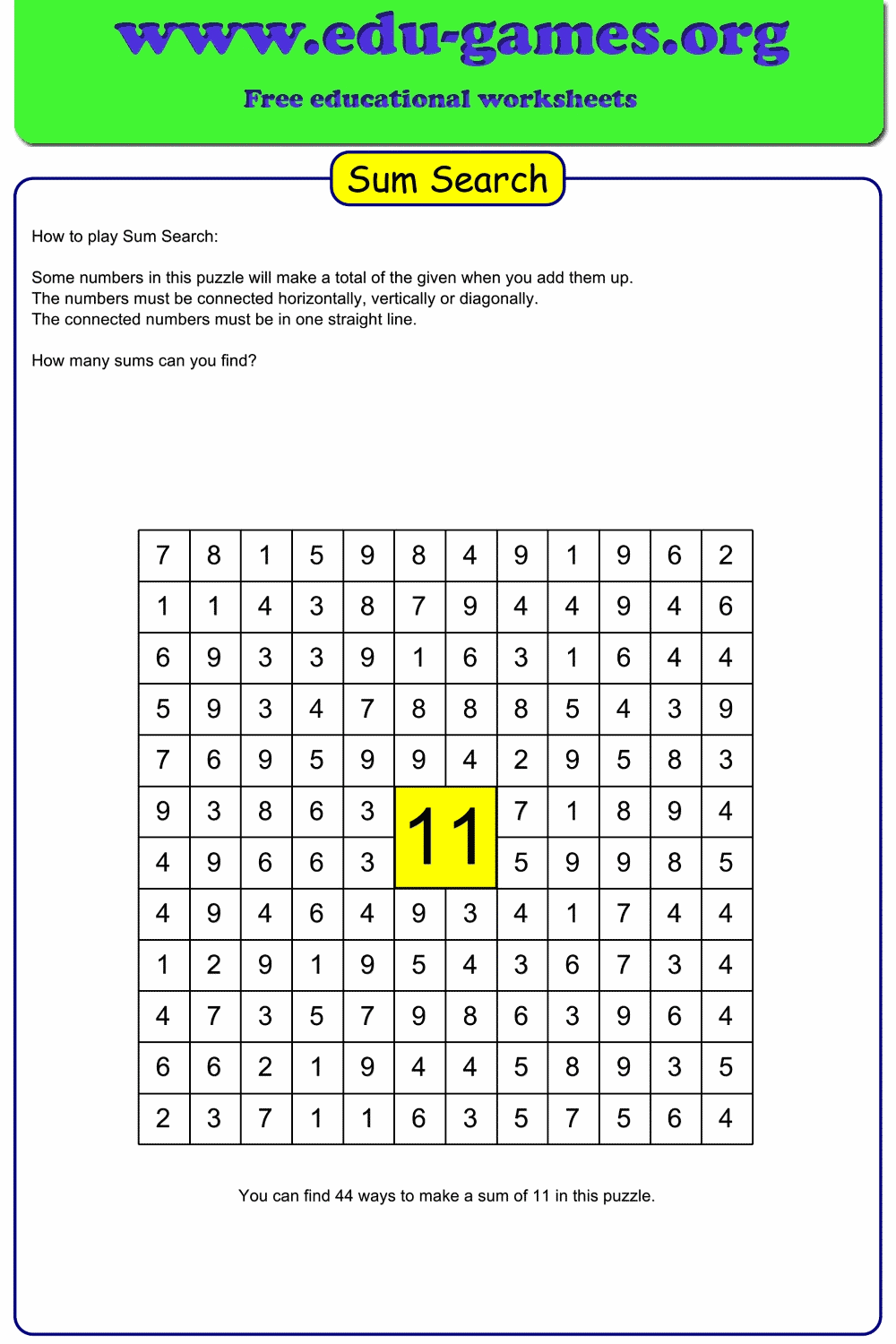 Free Addition Sum Search Worksheet Maker – Printable Math Puzzles