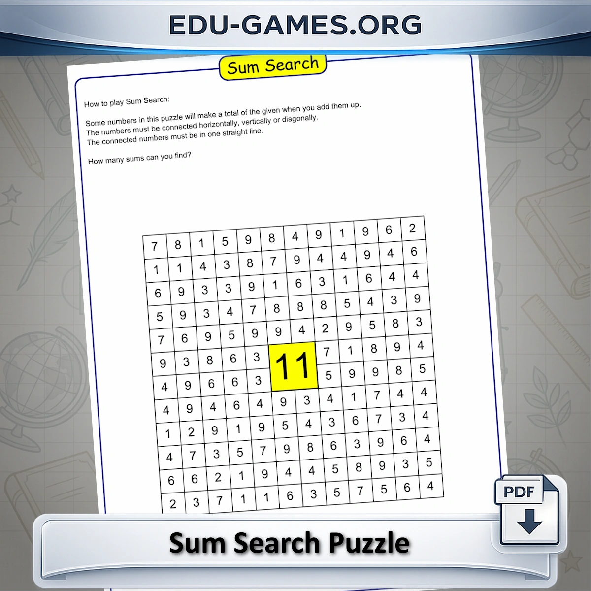 Free printable addition sum search math puzzle worksheet maker
