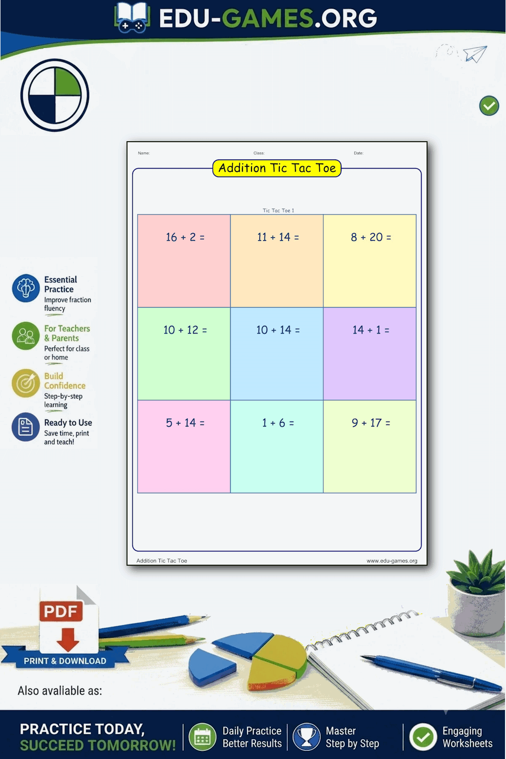 Addition Tic Tac Toe Worksheet Generator — Free Printable PDF