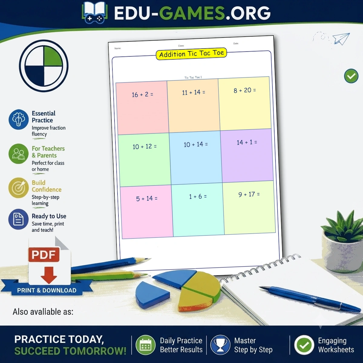 Free printable Addition Tic Tac Toe worksheet generator - addition problems in every square of a 3x3 tic-tac-toe grid.