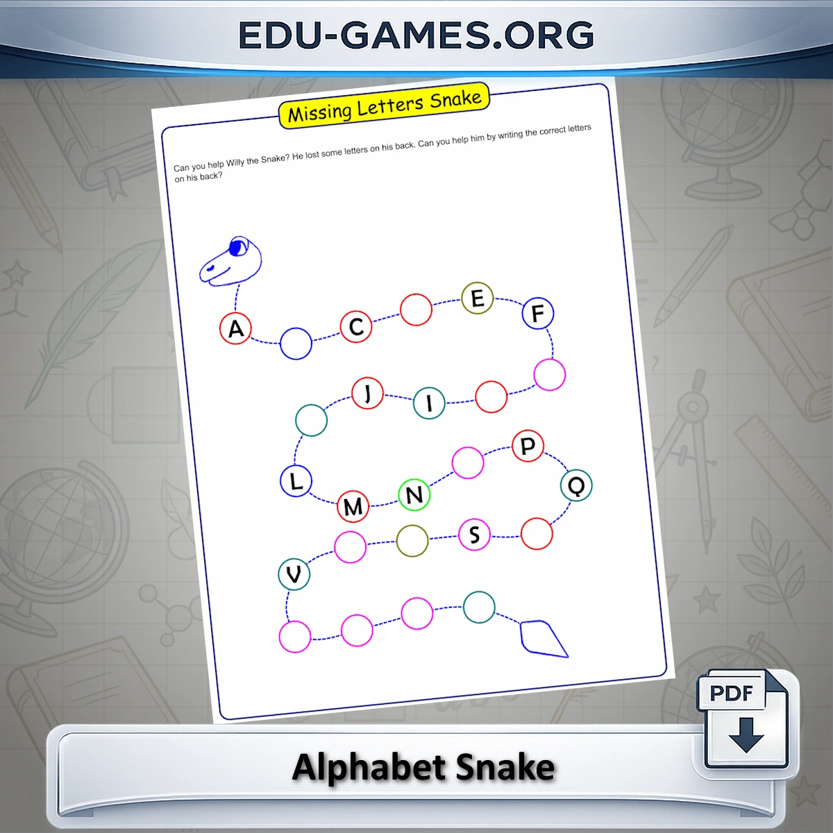 Free printable alphabet snake missing letters worksheet generator