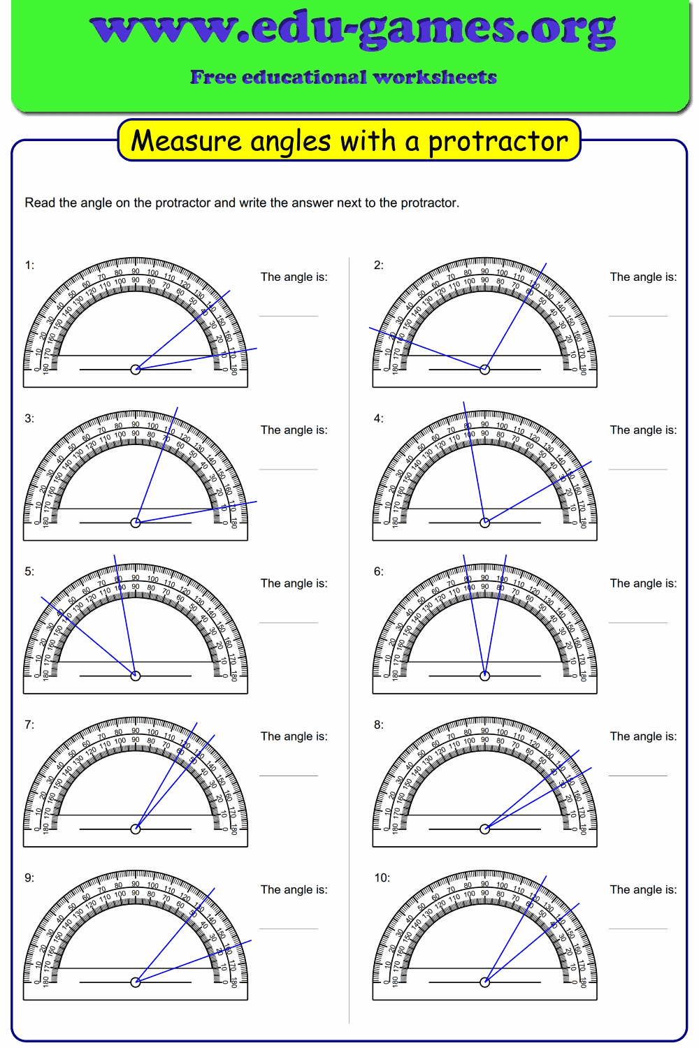 Measuring Angles with a Protractor Worksheet Generator