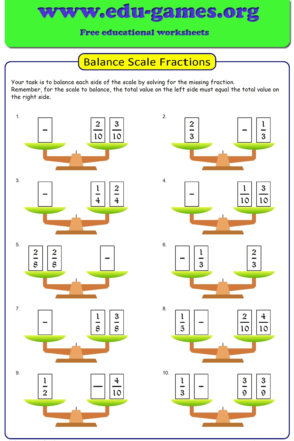 Balance Scale Fraction Equations — Free Printable Worksheets | Edu-Games