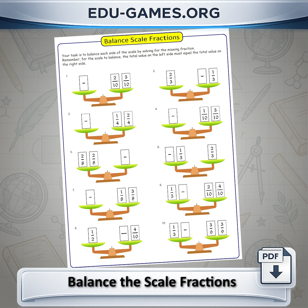 Free printable balance scale fraction equation worksheet generator