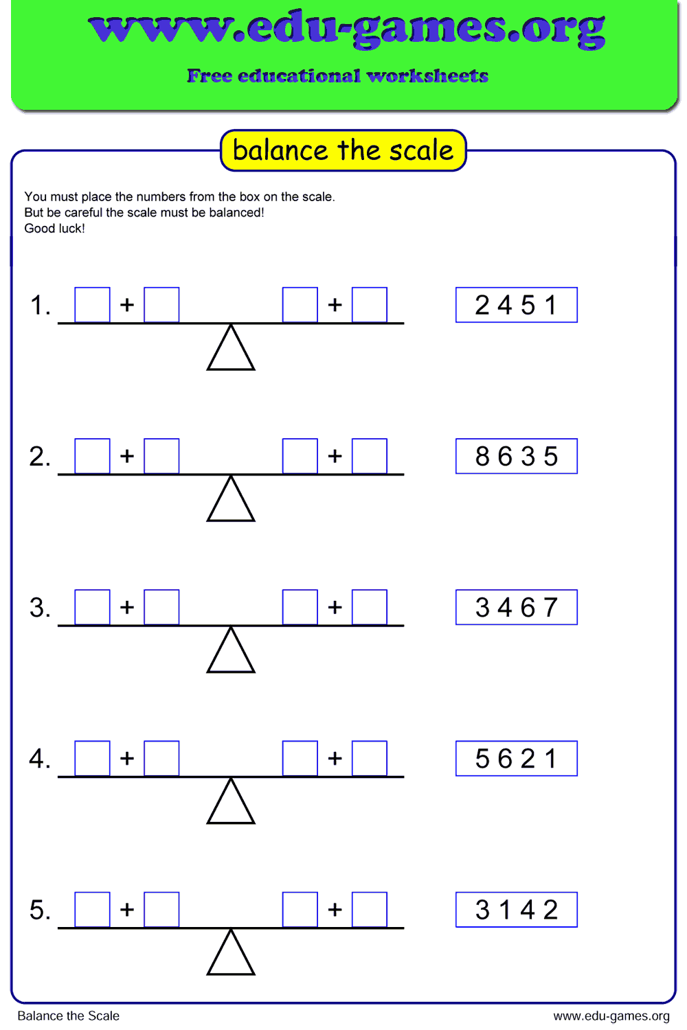 Free Printable Balance the Scale Worksheet Generator