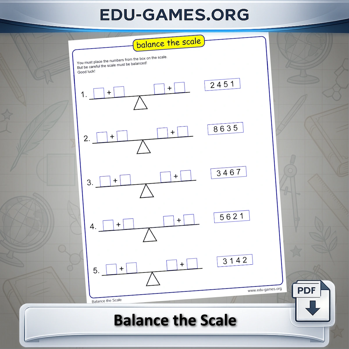 Free printable balance the scale worksheet generator