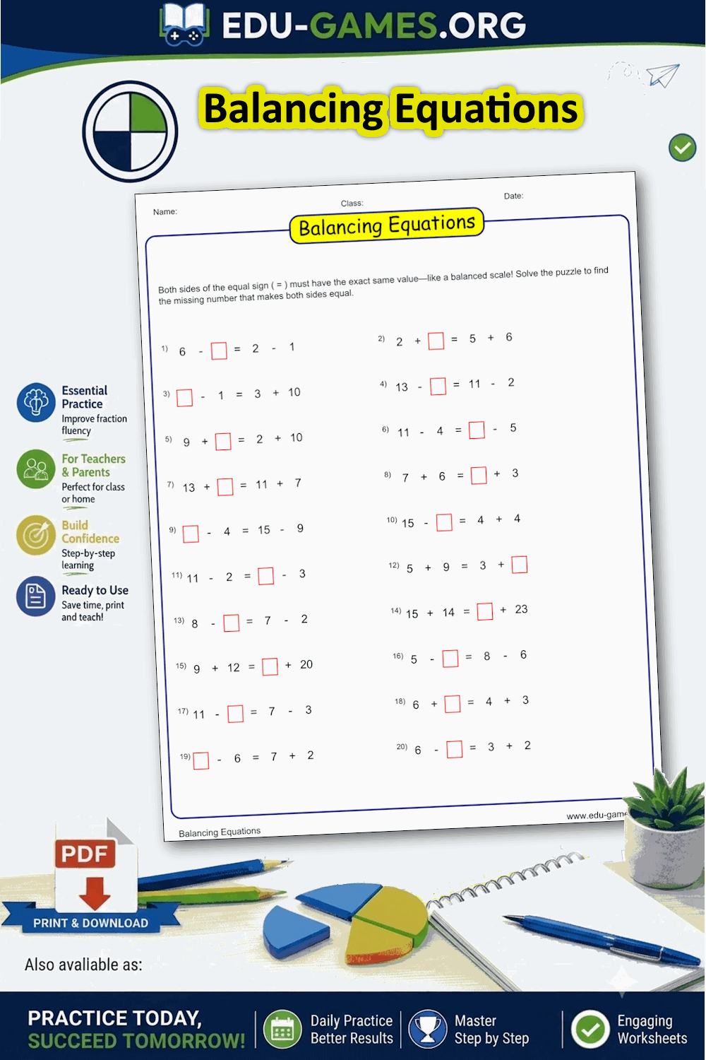 Balancing Equations Worksheet Generator | Free Printable PDF | Edu-Games
