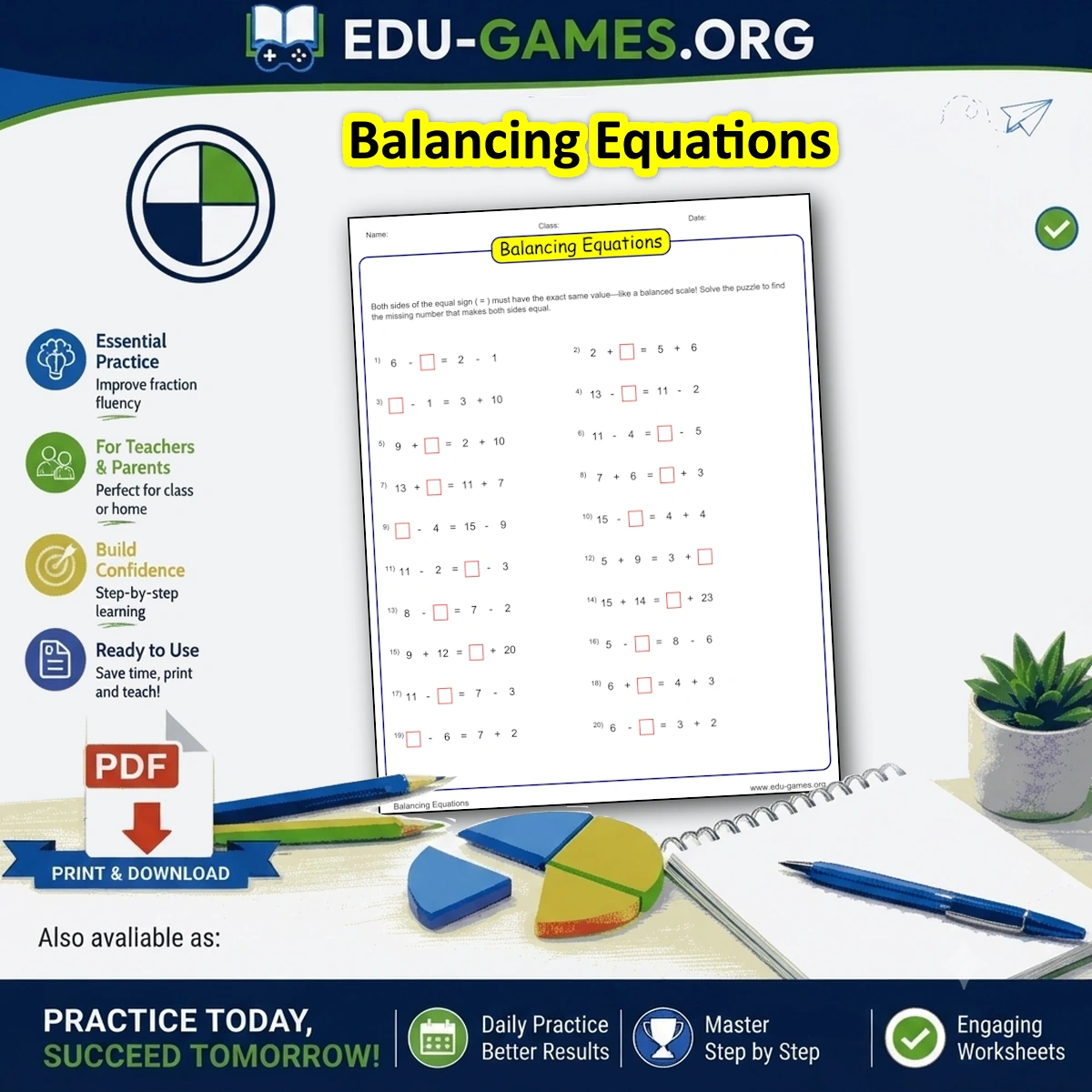 Printable balancing equations worksheet generator