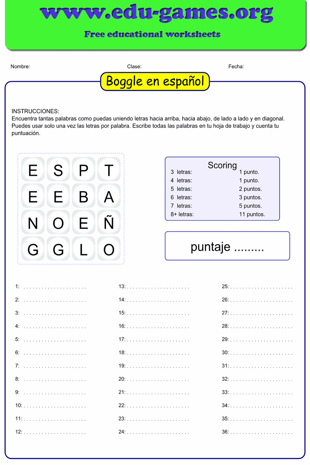 Creador de Boggle en Español — Gratis, Personalizable y con Solución en PDF