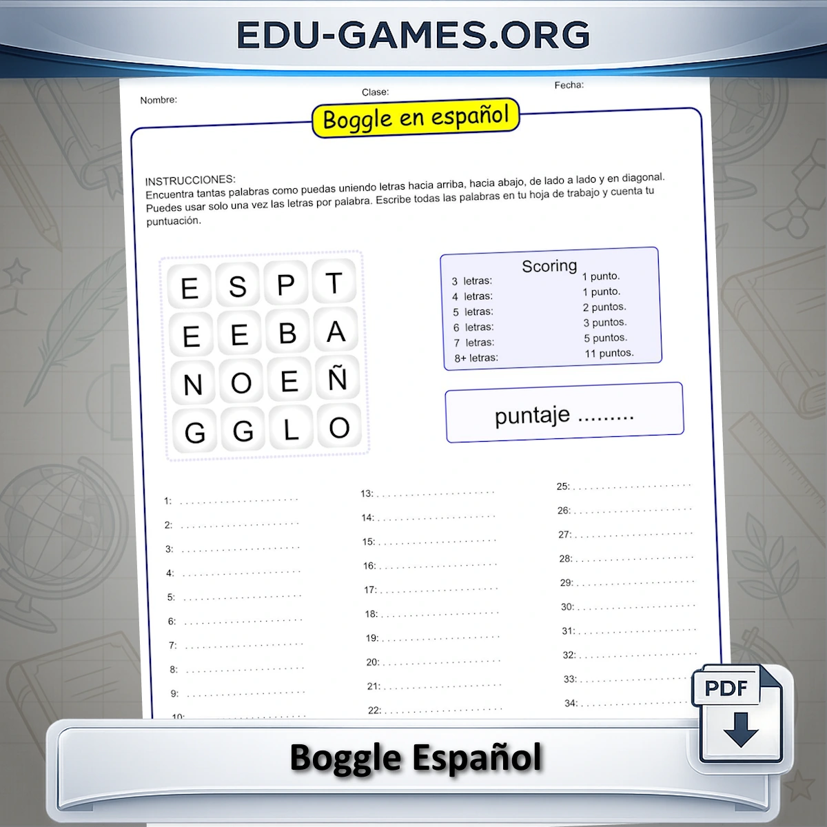 Creador gratuito de rompecabezas Boggle en español