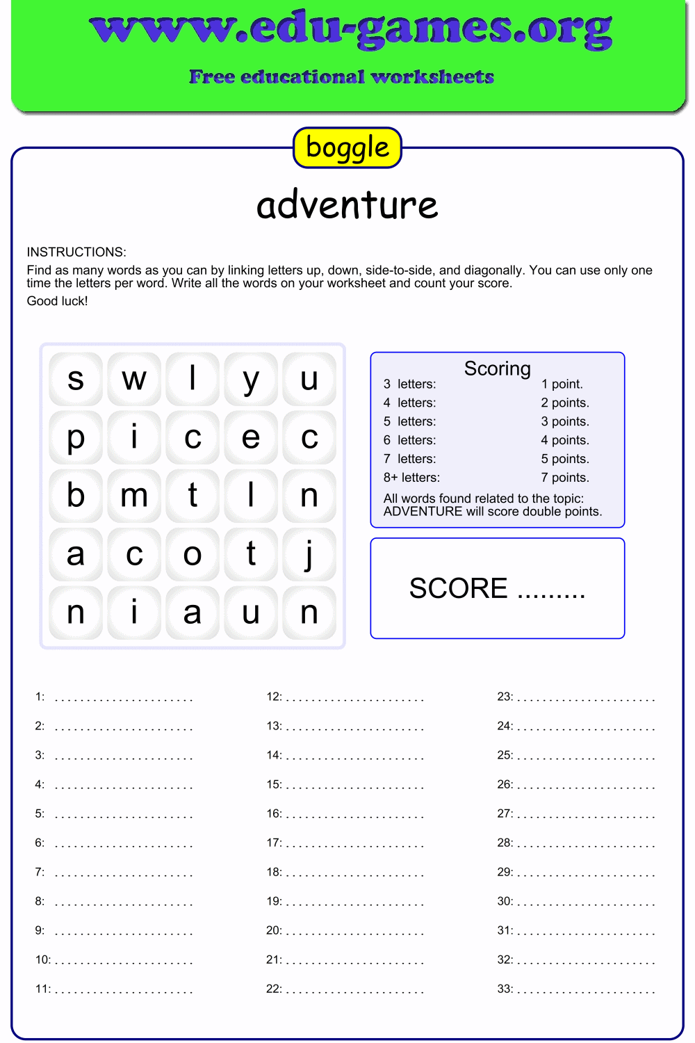 Boggle Maker - The Printable worksheets creator