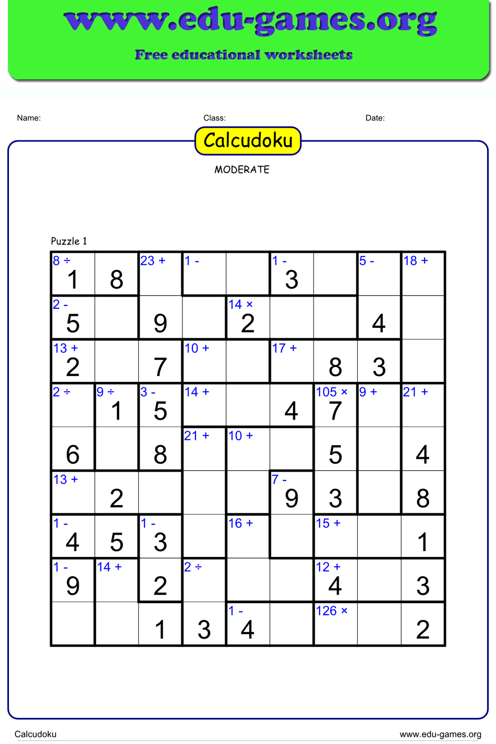 Printable Calcudoku Generator — KenKen / Mathdoku | Edu-Games