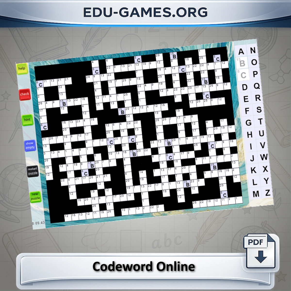 Online codeword puzzle grid with numbered cells to decode into letters — a free browser word game for ages 10 to 100