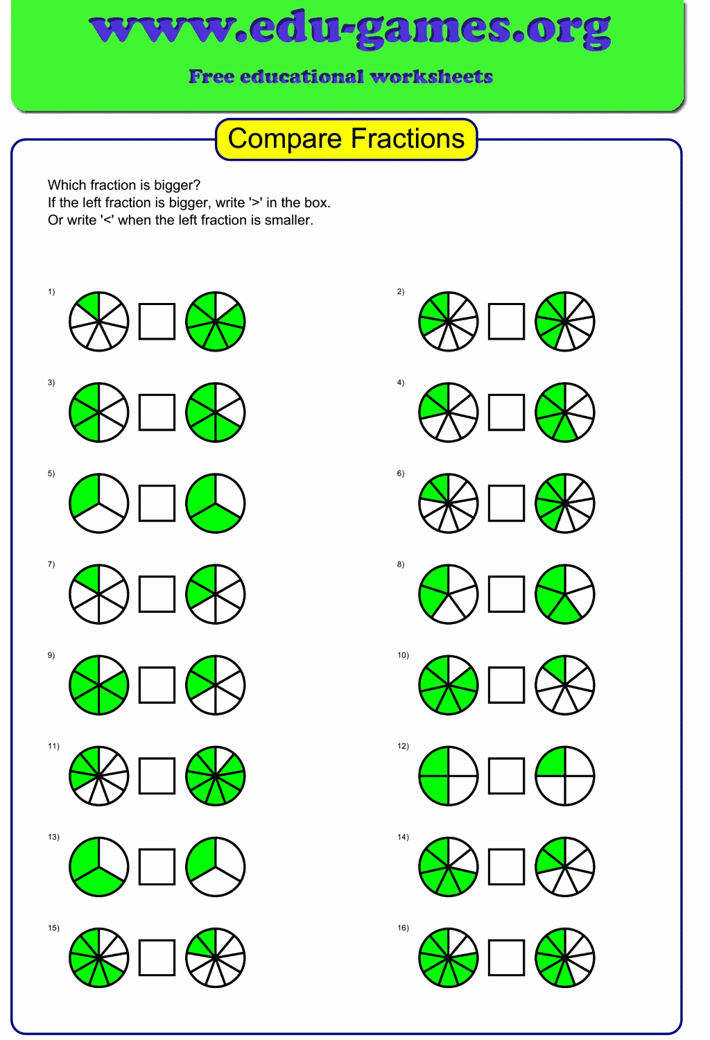 Compare Fraction Circles Worksheet