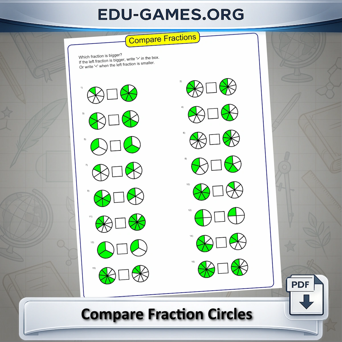 Free printable compare fraction circles worksheet