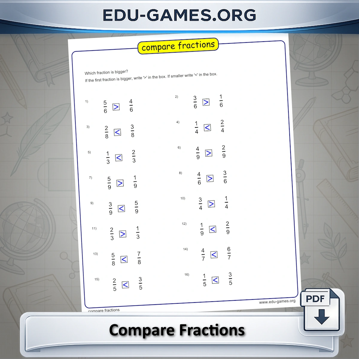 Free printable compare fractions worksheet generator