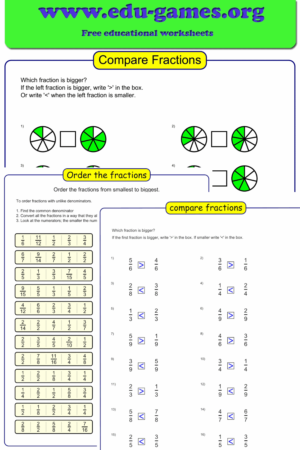 Comparing & Ordering Fractions Worksheets — Free Generator