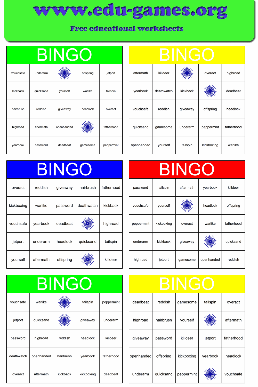 Compound Word Bingo Maker — Free Printable Bingo Cards | Edu-Games